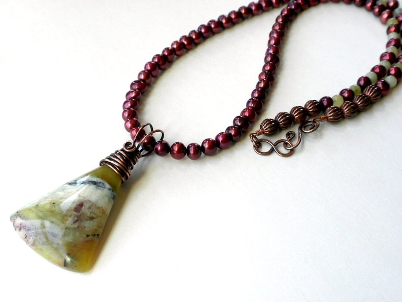 Copper Wire Pendant Pearls Green and Red Necklace Healing Stone Necklace Green African Opal Pendant Necklace Burgundy Pearl Necklace