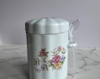 Vintage 1980’s  floral jar with lid & spoon, canister, kitchen storage, sugar storage