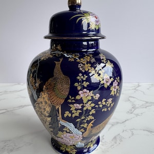 Japanese Blue Peacock Ginger Jar Mid Century