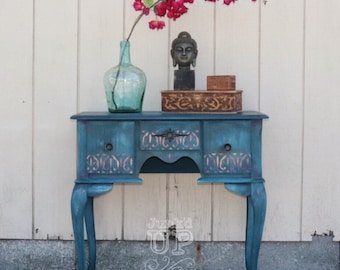 Boho blue, stenciled entry table, vanity, nightstand, small desk, global chic, bohemian
