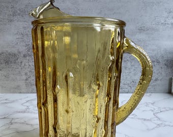 Amber Gold Honey Tahiti Glass Vintage Pitcher with handle anchor hocking bamboo texture
