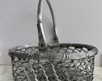 Aluminum wire woven metal basket with handle vintage