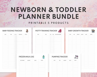 May include: Printable planner bundle for newborns and toddlers. Includes trackers for baby feeding, potty training, growth, frozen milk, and pumping.