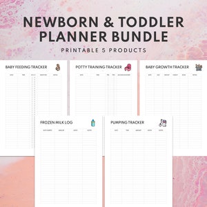 May include: Printable planner bundle for newborns and toddlers. Includes trackers for baby feeding, potty training, growth, frozen milk, and pumping.