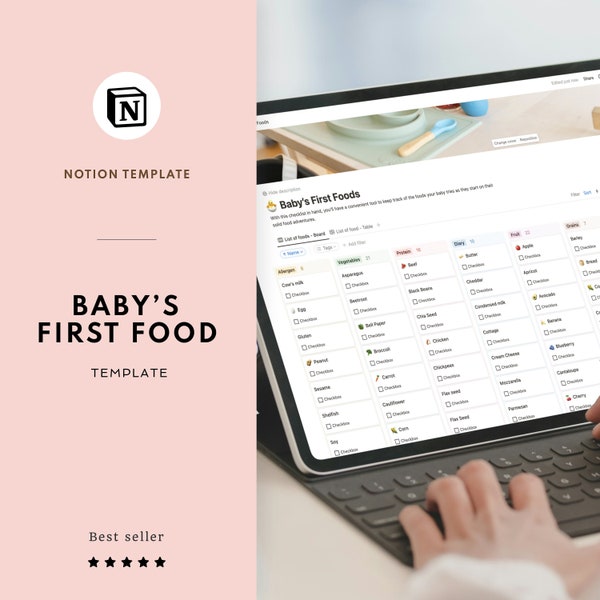 Plantilla de seguimiento de alimentos para bebés de Notion, lista de verificación de los primeros alimentos del bebé, diario de alimentos para bebés, descarga instantánea