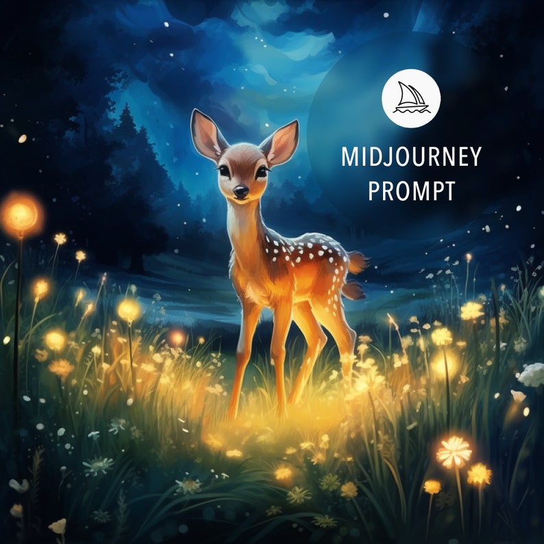 Peut inclure: Un jeune cerf se tient dans un champ de fleurs lumineuses la nuit. Le cerf est brun avec des taches blanches et a de grands yeux sombres. Les fleurs sont d'un jaune doux et brillent d'une lumi&egrave;re chaude. L'arri&egrave;re-plan est une for&ecirc;t bleu fonc&eacute;.