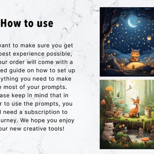 Peut inclure: Texte expliquant comment utiliser les invites pour Midjourney, un g&eacute;n&eacute;rateur d'art IA sur abonnement. Deux images montrent un renard dans un d&eacute;cor de for&ecirc;t, l'une de nuit avec un croissant de lune et l'autre de jour avec un ruisseau.