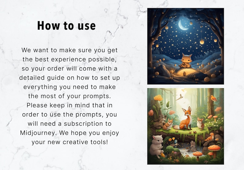 Peut inclure: Texte expliquant comment utiliser les invites pour Midjourney, un g&eacute;n&eacute;rateur d'art IA sur abonnement. Deux images montrent un renard dans un d&eacute;cor de for&ecirc;t, l'une de nuit avec un croissant de lune et l'autre de jour avec un ruisseau.