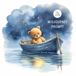 Peut inclure: Une peinture &agrave; l'aquarelle d'un ours en peluche assis dans un bateau bleu sur une &eacute;tendue d'eau calme. Le ciel est bleu fonc&eacute; avec des nuages blancs et des &eacute;toiles. L'ours regarde l'eau.