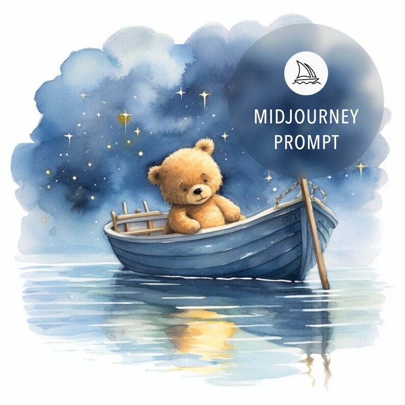 Peut inclure: Une peinture &agrave; l'aquarelle d'un ours en peluche assis dans un bateau bleu sur une &eacute;tendue d'eau calme. Le ciel est bleu fonc&eacute; avec des nuages blancs et des &eacute;toiles. L'ours regarde l'eau.