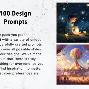 Peut inclure: Un ensemble de 100 invites de conception pour une inspiration cr&eacute;ative. L'image montre deux illustrations&nbsp;: un enfant tenant une lanterne dans une for&ecirc;t la nuit et une montgolfi&egrave;re color&eacute;e au-dessus d'un carnaval.
