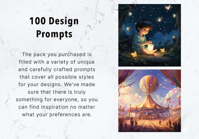 Peut inclure: Un ensemble de 100 invites de conception pour une inspiration cr&eacute;ative. L'image montre deux illustrations&nbsp;: un enfant tenant une lanterne dans une for&ecirc;t la nuit et une montgolfi&egrave;re color&eacute;e au-dessus d'un carnaval.