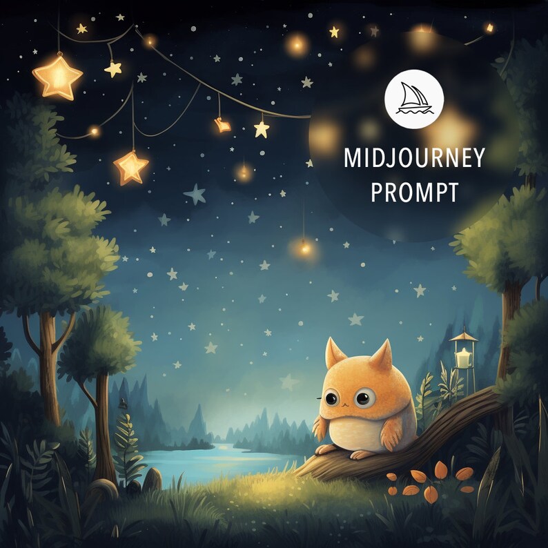 Peut inclure: Une cr&eacute;ature orange et moelleuse aux grands yeux est assise sur une branche d'arbre dans un d&eacute;cor de for&ecirc;t. Le ciel est bleu fonc&eacute; avec un ciel &eacute;toil&eacute; et une guirlande de lumi&egrave;res suspendues aux arbres. Le texte "MIDJOURNEY PROMPT" est visible dans le coin sup&eacute;rieur droit de l'image.