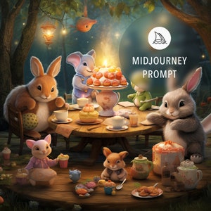 Peut inclure: Un groupe de figurines d'animaux adorables, dont des lapins et une souris, r&eacute;unis autour d'une table dress&eacute;e pour un go&ucirc;ter. La table est d&eacute;cor&eacute;e d'un g&acirc;teau d'anniversaire, de tasses &agrave; th&eacute; et d'autres d&eacute;tails fantaisistes. La sc&egrave;ne se d&eacute;roule dans une for&ecirc;t avec une ambiance f&eacute;erique et magique.
