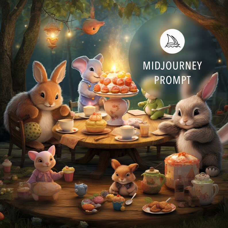 Peut inclure: Un groupe de figurines d'animaux adorables, dont des lapins et une souris, r&eacute;unis autour d'une table dress&eacute;e pour un go&ucirc;ter. La table est d&eacute;cor&eacute;e d'un g&acirc;teau d'anniversaire, de tasses &agrave; th&eacute; et d'autres d&eacute;tails fantaisistes. La sc&egrave;ne se d&eacute;roule dans une for&ecirc;t avec une ambiance f&eacute;erique et magique.