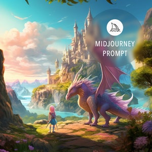 Peut inclure: Un dragon rose avec des ailes violettes se tient sur un chemin rocailleux devant un grand ch&acirc;teau de pierre. Une jeune fille aux cheveux roses et une robe bleue se tient sur le chemin, regardant le dragon. Le ciel est d'un bleu vibrant avec des nuages roses. La sc&egrave;ne se d&eacute;roule dans un monde fantastique.