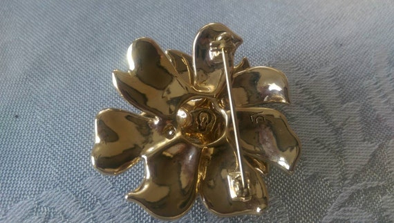 Vintage  Flower brooch green and Amber rhinestones - image 3