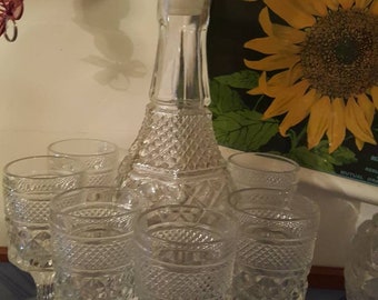 Vintage Glass decanter and glasses set Indiana diamond star