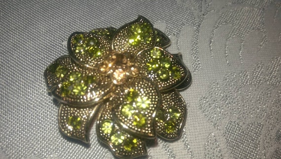 Vintage  Flower brooch green and Amber rhinestones - image 1