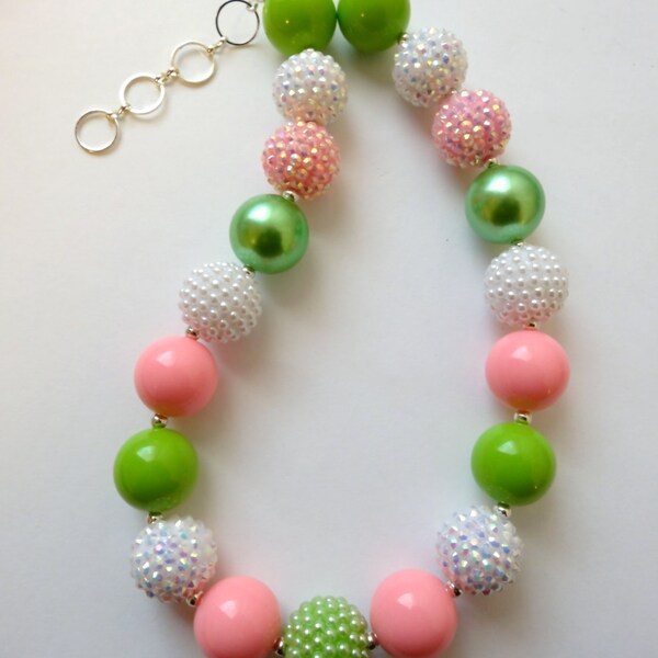 Lime Green, Light Pink and White Chunky Bubblegum Necklace