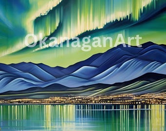 Auroras boreales, lago Okanagan, Kelowna, Columbia Británica. Impresión digital.