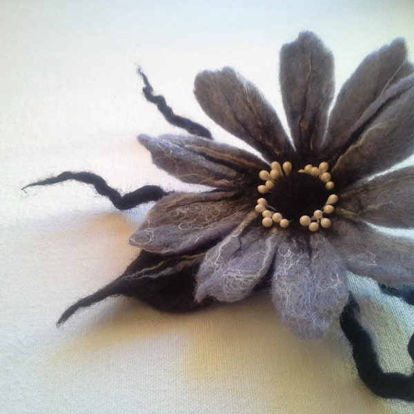 Gray Black Felt Wool Brooch,  Felted Wool Jewelry, Felt Hair clip, Gray flower, Pin Gift,Unique Flower, Handmade