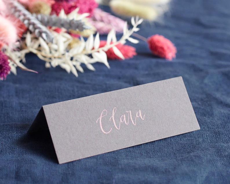 Smoke Coloured Tent Card Minimal Calligraphy Name Card Personalised Place Card Hand Lettered Place Card Classic Wedding Name Card