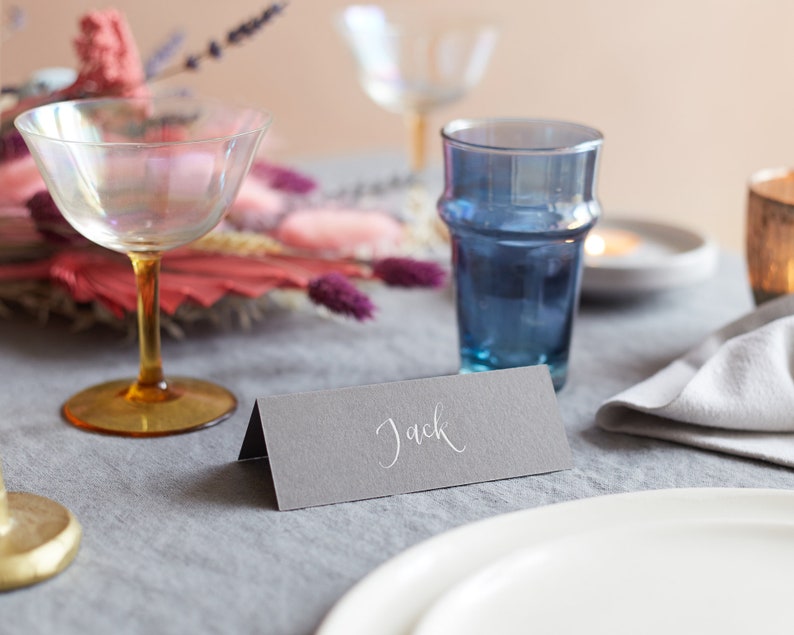 Smoke Coloured Tent Card Minimal Calligraphy Name Card Personalised Place Card Hand Lettered Place Card Classic Wedding Name Card