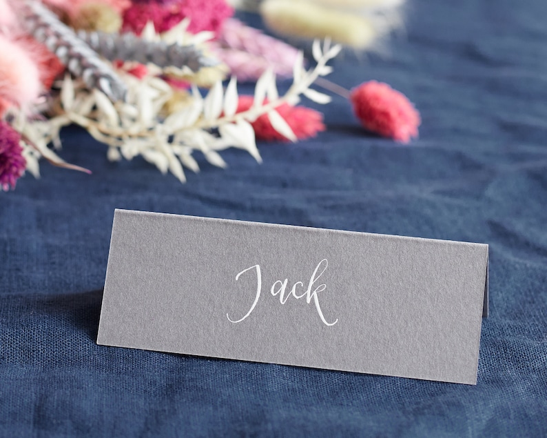 Smoke Coloured Tent Card Minimal Calligraphy Name Card Personalised Place Card Hand Lettered Place Card Classic Wedding Name Card