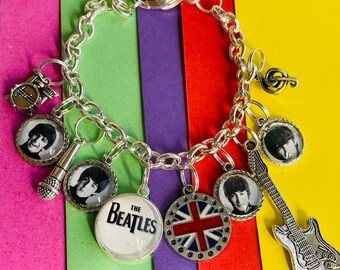 GiftJewelryShop Silver Plated Happy Cute Beatles Photo Flower Head Dangle Heart Bead Charm Bracelets GiftJewelryShop Silver Plated Happy Cute Beatles Photo Flower Head Dangle Heart Bead Charm Bracelets