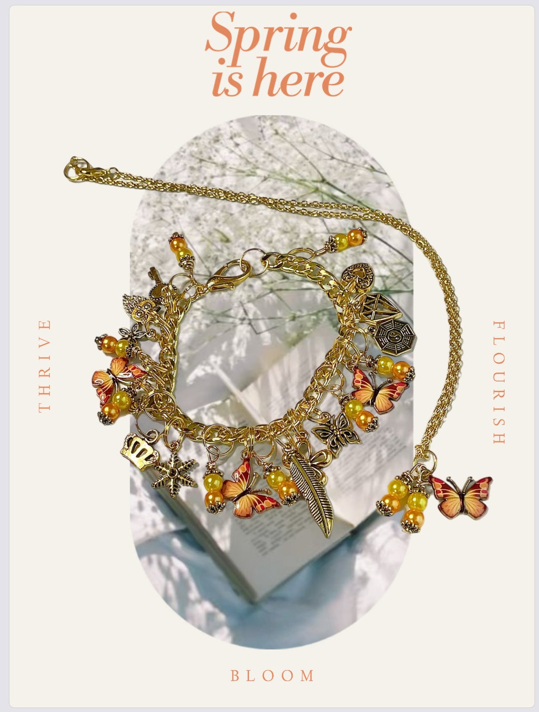 Butterflies Charm Bracelet Gold and Orange With Free Pendant One of a