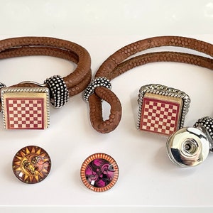 CHECKMATE | Handmade Snap Bracelet By UberJewelryDesigns | Wooden Chessboard Charm | Boho Leatherette Bracelet | Chess Gift | Brown Bracelet