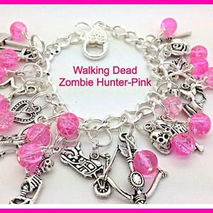 Walking Dead Fandom Inspired Zombie Hunter Charm Bracelet Jewelry Geekery Style Pink Beaded