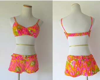 60s Bikini Mod Bathing Suit Boy Shorts Swimsuit Neon Floral Flower Power Print Two Piece Pink Orange Tiki Size Small Cotton