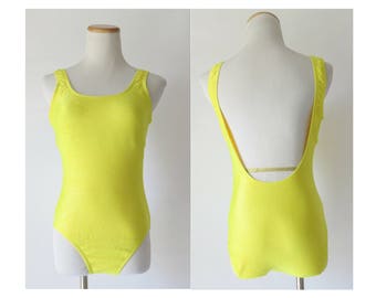 Yellow Swimsuit 80s Bathing Suit 1980s One Piece Maillot Ribbed Low Cut Back Catalina Size Medium M