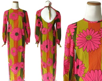 Flower Power Dress Mod Floral Maxi Dress Neon Psychedelic Hippie Flower Child Long Dress 1960s 60s 1970s 70s Small Medium