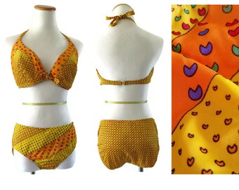 60s Bikini 1960s Bathing Suit Swimsuit Hippie Mod Flower Power Psychedelic Floral Orange High Waisted Size Medium Large Bali 36D