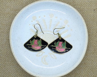 Vintage Cloisonne Earrings Enamel Cranes Birds Dangle Drop Earring