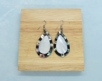 Vintage Abalone Shell Inlay Earrings Mother of Pearl Dangle Earring - Water Drop Shape