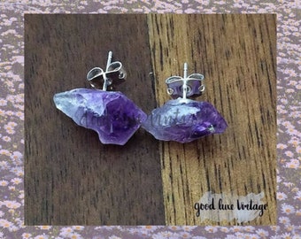 Raw Amethyst Earrings - Purple Crystal Studs - Natural Gemstone Boho Jewelry