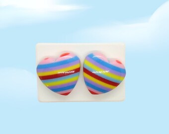 Rainbow Heart Stud Earrings - Big Retro 80s Inspired Striped Studs