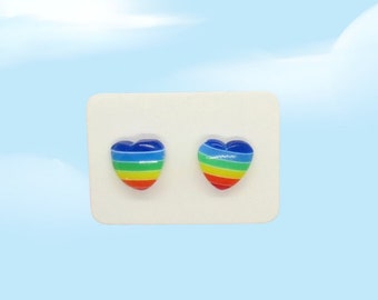 Rainbow Heart Stud Earrings - Tiny Retro 80s Inspired Striped Studs