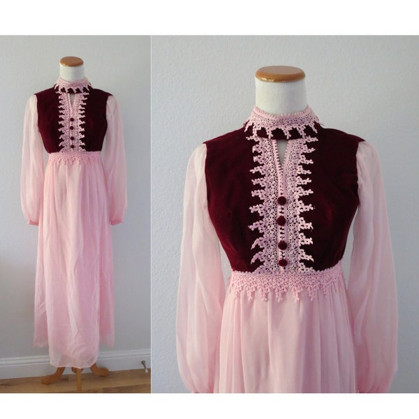 Velvet Maxi Dress 70s Hippie Gown Cottagecore