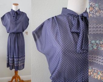 Vintage 70s Floral Dress - 1970s Sheer Blue Blouson Midi - Size XL