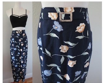 Vintage 90s Floral High Waisted Maxi Wrap Skirt Navy Blue