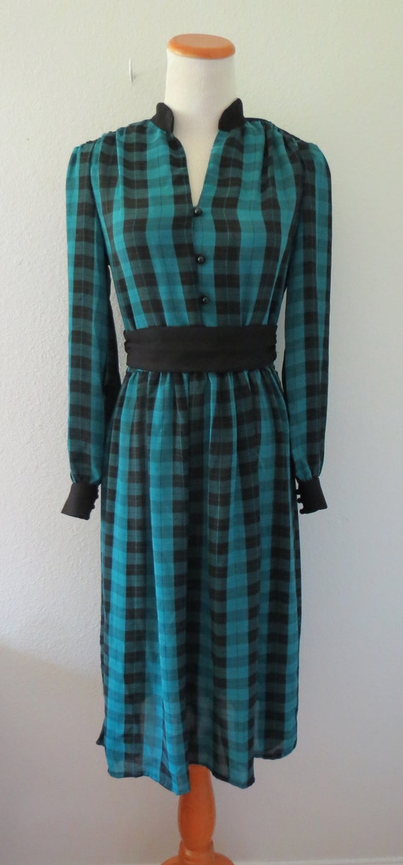 Plaid Secretary Dress Teal Black 80s Office Dark … - image 3