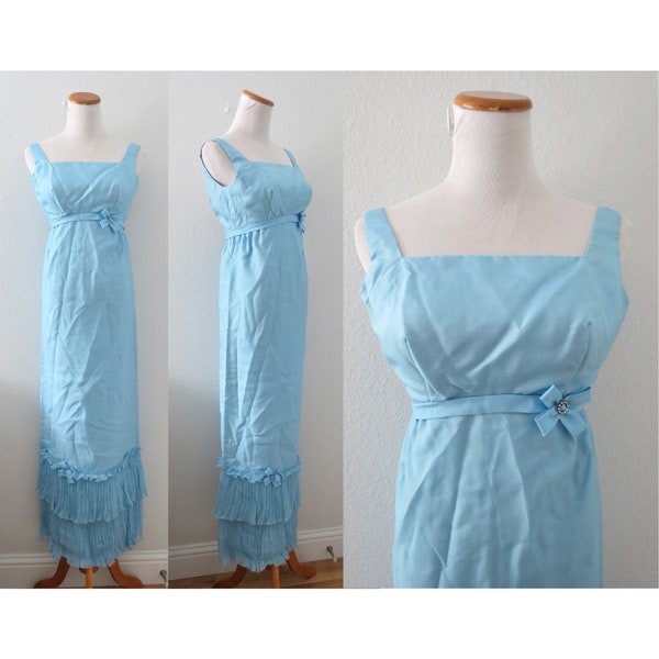 Vintage 60s Formal Dress Pastel Blue Long Prom Party Sleeveless Maxi - Size XXS