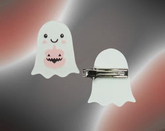 Halloween Hair Clip - Cute Happy Ghost Barrette - Pastel Pink