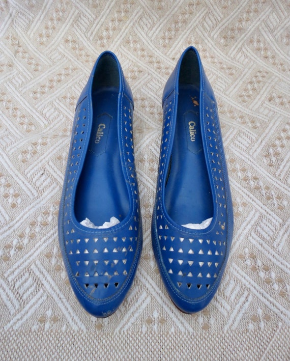 Vintage Blue Leather Flats - 80s Colorful Pointed Toe Wedge