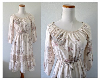 70s Boho Prairie Dress - Peasant Long Sleeve Hippie Midi Floral Butterfly Print Bohemian 1970s Festival Outfit Size Small S